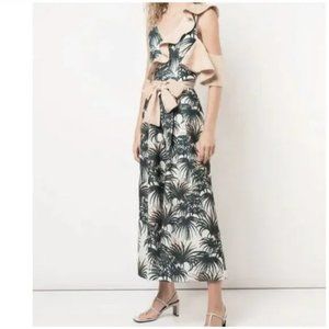 PatBo Plunge Neckline Green Tropical Palm‎ Print One Shoulder Jumpsuit SZ 8 NWT